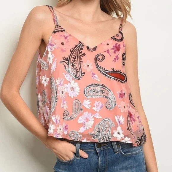 PEACH LOVE CALIFORNIA Cropped String Pink Tank Top Boho Floral / Size Large - Picture 1 of 13